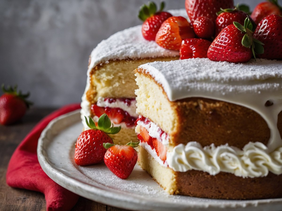 Auf dem Bild ist eine ansprechend dekorierte Biskuitrolle zu sehen. Die Rolle ist mit einer Schicht Sahne gefüllt und mit Erdbeeren garniert. Die Oberfläche ist mit Puderzucker bestreut, und einige Erdbeeren liegen dekorativ um die Rolle herum. Der Hintergrund ist unscharf, wodurch die Biskuitrolle und die frischen Erdbeeren besonders hervorgehoben werden.