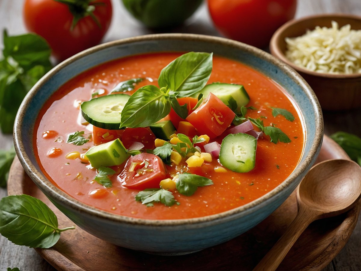 Eine Schüssel mit Gazpacho, die eine leuchtend rote Farbe hat. Darüber liegen frische Stücke von Gurke, Tomate, Paprika und Zwiebel, garniert mit frischen Kräutern wie Basilikum und Koriander. Im Hintergrund sind einige Tomaten und eine Schale mit geriebenem Käse zu sehen. Ein Holzlöffel liegt neben der Schüssel auf einem rustikalen Holzuntergrund.