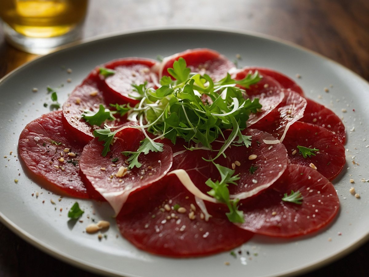 Auf dem Bild ist ein Teller mit Carpaccio vom Rind zu sehen. Die dünn geschnittenen, rohen Rindfleischscheiben sind elegant kreisförmig auf dem Teller angeordnet. Darüber sind frische Kräuter und Rucola verteilt, die dem Gericht eine lebendige Note verleihen. Die dekorativen Zutaten umfassen auch einige Samen, die gleichmäßig über das Carpaccio gestreut sind. Im Hintergrund ist ein Glas mit einem Getränk sichtbar, das die rustikale Atmosphäre des Tisches unterstreicht.