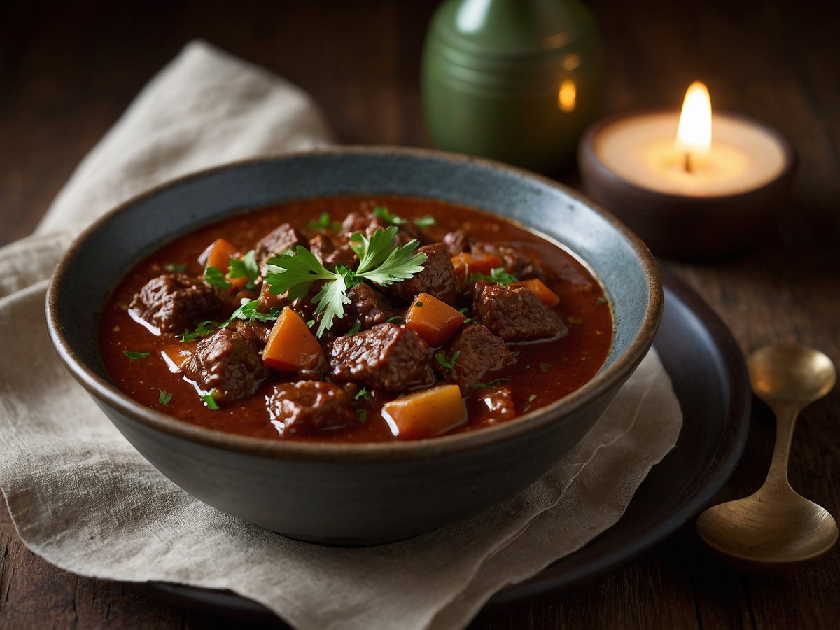 Eine rustikale Schüssel Rindergulasch mit Rotwein steht auf einem Holzuntergrund. Das Gericht besteht aus saftigen Stückchen Rindfleisch, die in einer reichhaltigen, dunkelrot gefärbten Sauce schwimmen, verfeinert mit stückigem Gemüse, das orangefarben schimmert. Frische grüne Petersilie ist dekorativ über dem Gulasch verteilt. Im Hintergrund sind eine brennende Kerze und ein dekoratives Gefäß zu sehen, die eine gemütliche Atmosphäre schaffen. Ein beigefarbenes Stofftuch liegt unter der Schüssel und eine goldene Löffel steht rechts daneben.