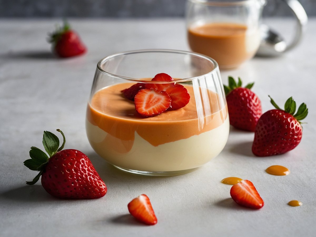 Im Bild ist eine Panna Cotta in einem Glas zu sehen, die aus zwei Schichten besteht. Die untere Schicht ist eine helle, cremige Masse, während die obere Schicht orangefarben ist. Auf der Panna Cotta sind frische Erdbeerscheiben dekoriert. Rund um das Glas liegen einige ganze Erdbeeren und einige angerissene, die einen saftigen Eindruck vermitteln. Im Hintergrund steht ein weiteres Glas mit einer ähnlichen Füllung. Der Untergrund ist hell und sorgt für einen klaren Fokus auf der Panna Cotta und den Erdbeeren.