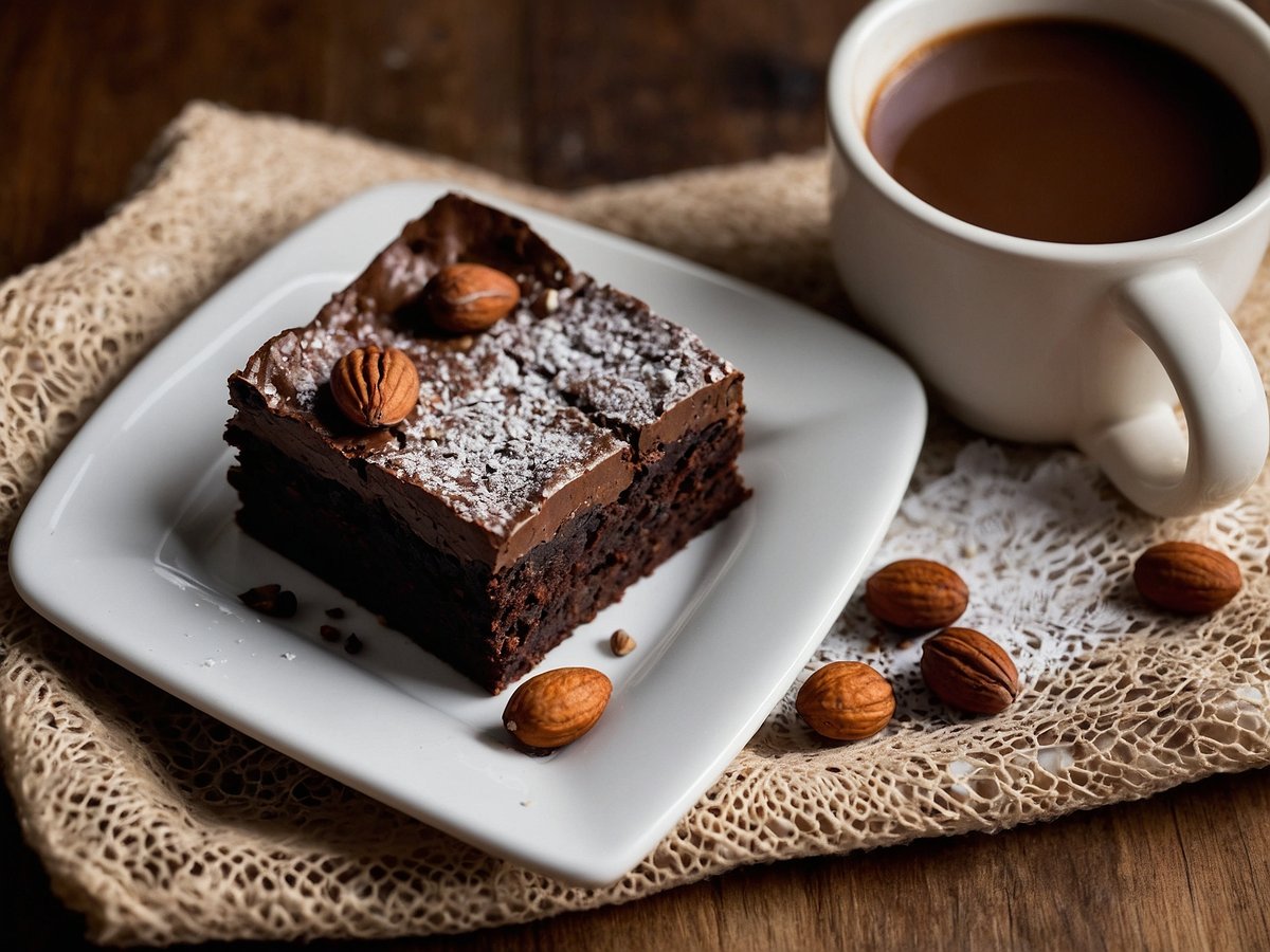 Ein Stück schokoladiger Brownie liegt auf einem weißen Teller, garniert mit einigen ganzen Mandeln und einem feinen Puderzucker. Daneben befindet sich eine Tasse Kaffee auf einer mit Spitze belegten serviette. Der Hintergrund ist aus dunklem Holz, was eine gemütliche Atmosphäre schafft.