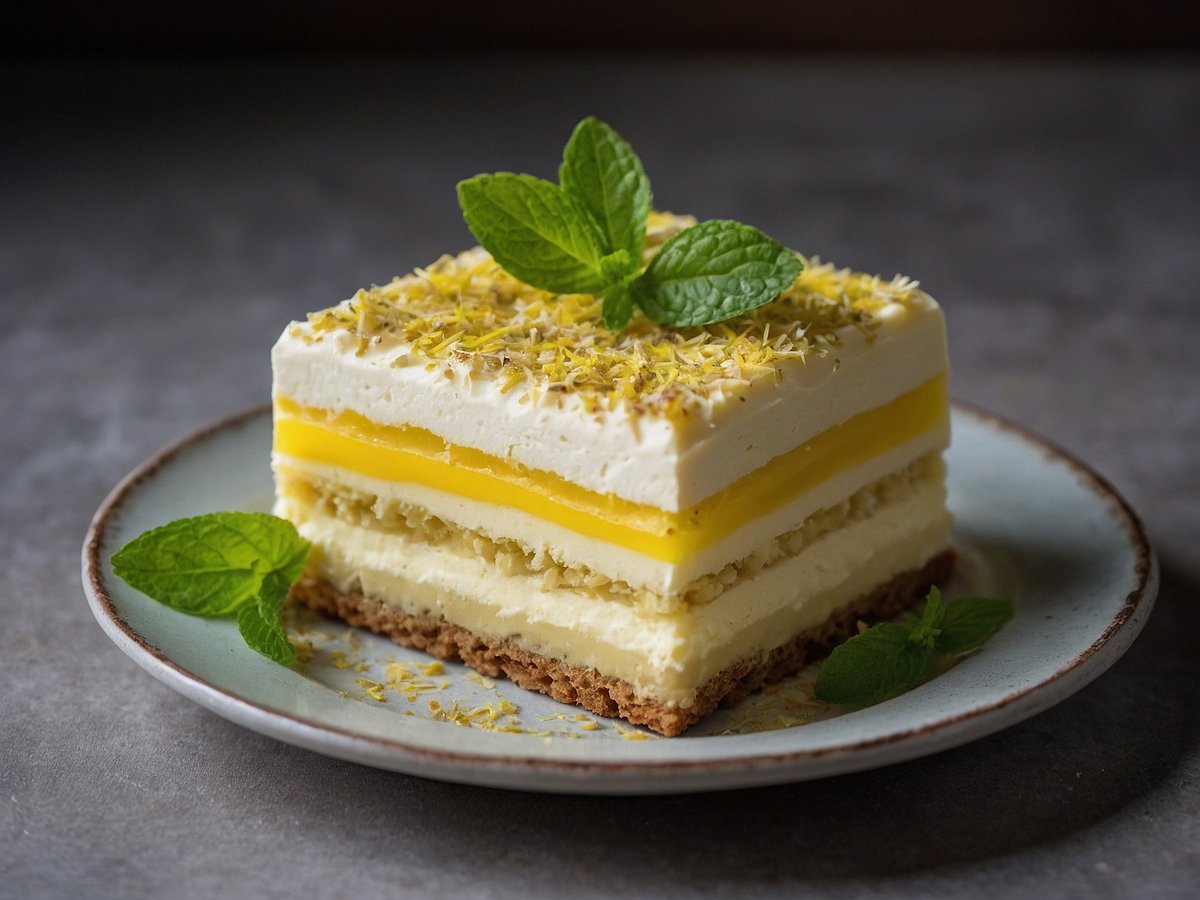 Auf dem Bild ist ein Stück Limoncello Tiramisu zu sehen, das elegant auf einem hellblauen Teller angerichtet ist. Die Schichten des Desserts bestehen aus einer cremigen, gelben Füllung und einer beigen, luftigen Masse, die auf einem knusprigen Boden ruht. Das Tiramisu ist mit einer feinen, gelben Dekoration und frischen Minzblättern garniert, was dem Gericht ein ansprechendes und frisches Aussehen verleiht. Der Hintergrund ist unscharf und unterstützt die Fokussierung auf das Kunstwerk aus Süßspeise.