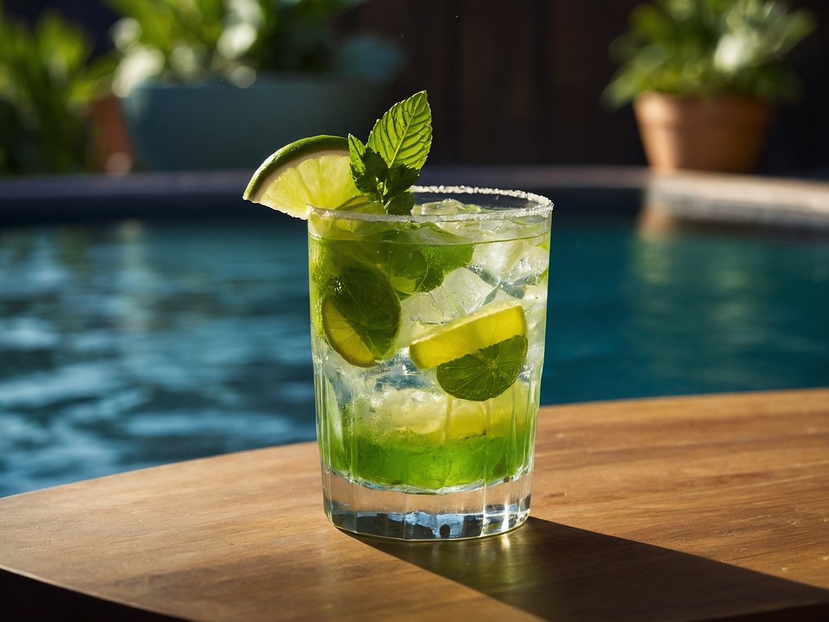 Ein erfrischender Mojito in einem Glas steht auf einem Holztisch. Das Getränk enthält grüne Minzblätter, Limettenscheiben und Eiswürfel, die von einer klaren Flüssigkeit umgeben sind. Im Hintergrund ist ein Pool zu sehen, der das Licht reflektiert, während Pflanzen in Töpfen die Umgebung dekorieren.