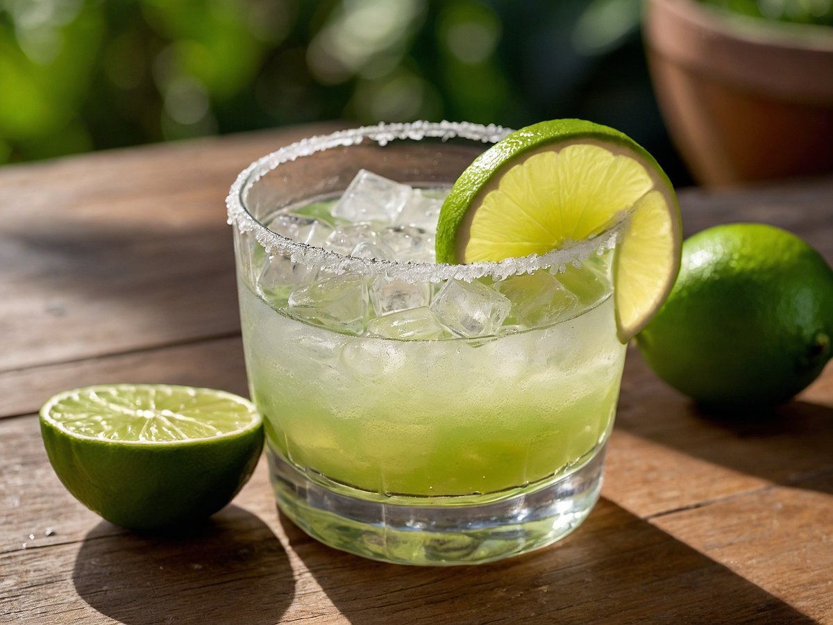 Ein Glas Margarita mit Eiswürfeln steht auf einem Holztisch. Der Rand des Glases ist mit Salz versehen, und eine Limettenscheibe ist am Rand des Glases platziert. Neben dem Glas liegt eine halbierte Limette, und im Hintergrund sind weitere Limetten sowie grünes Pflanzenbokeh sichtbar.