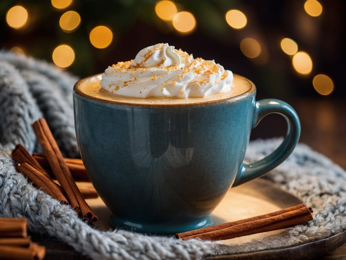 Eine Tasse mit warmem Getränk steht auf einem Holzbrett. Die Tasse hat eine blaue Farbe und ist gefüllt mit einem cremigen Getränk, das mit Schlagsahne und einer Prise Zimt dekoriert ist. Rund um die Tasse liegen mehrere Zimtstangen und eine weiche, graue Strickdecke ist im Hintergrund sichtbar. Im Hintergrund sind unscharfe, leuchtende Punkte zu erkennen, die eine gemütliche Atmosphäre erzeugen.