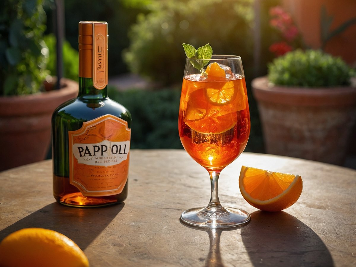 Ein Cocktailsglas mit Aperol Spritz steht auf einem Holztisch. Das Getränk hat eine leuchtend orange Farbe und ist mit Eiswürfeln sowie einer Garnitur aus frischer Minze und Orangenscheiben gefüllt. Neben dem Glas befindet sich eine halbe Orange und im Hintergrund steht eine Flasche Pappolli mit einem eleganten Etikett. Die Sonne scheint warm auf die Szenerie, die mit grünen Pflanzen und roten Blumen im Hintergrund lebendig wirkt.