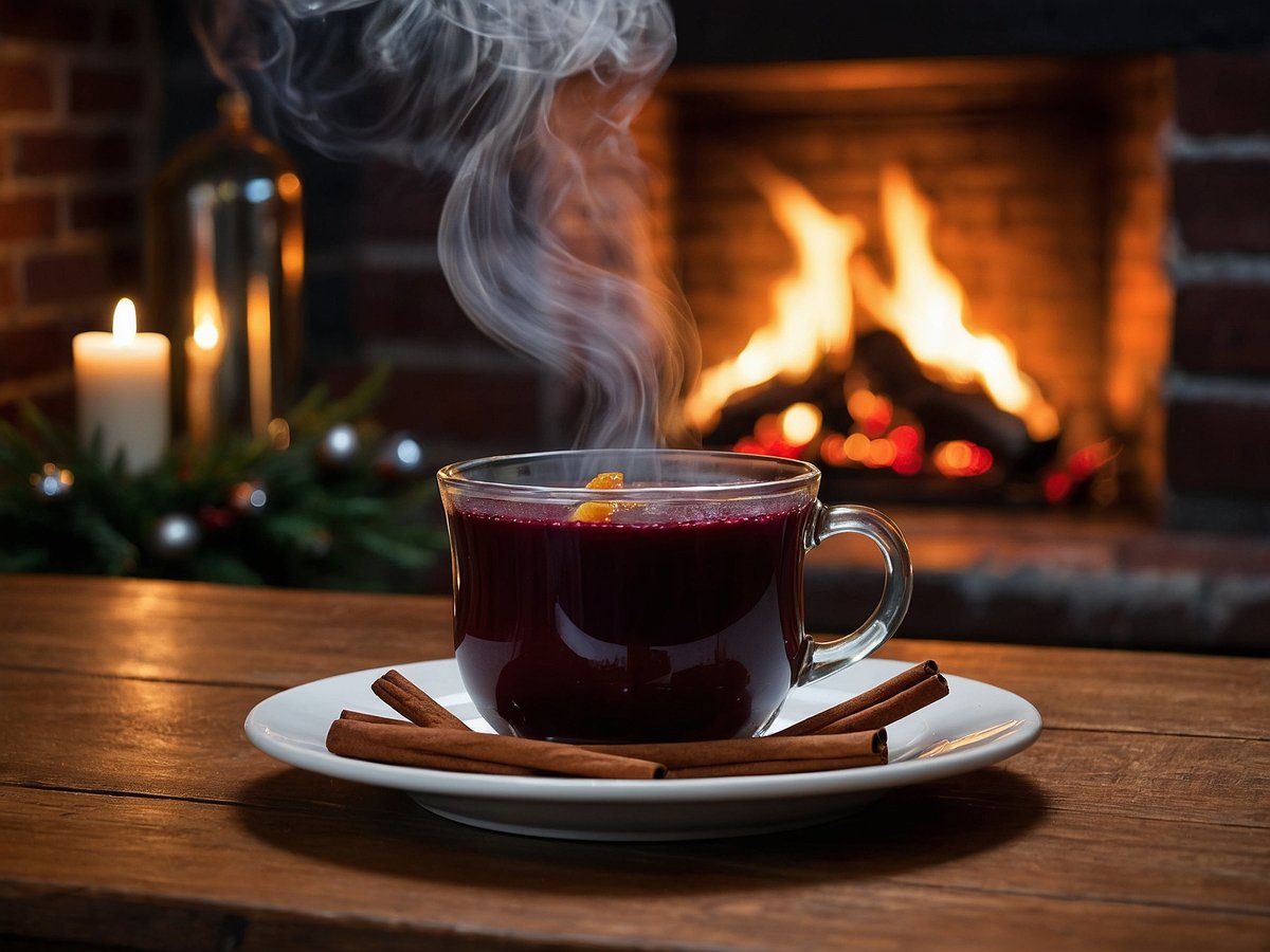 Ein dampfender Becher Glühwein steht auf einem weißen Teller, umgeben von Zimstangen. Im Hintergrund ist ein Kamin zu sehen, der mit flackerndem Feuer gefüllt ist, während eine Kerze gemütliches Licht verbreitet. Die Atmosphäre vermittelt ein Gefühl von Wärme und Gemütlichkeit in der Weihnachtszeit.