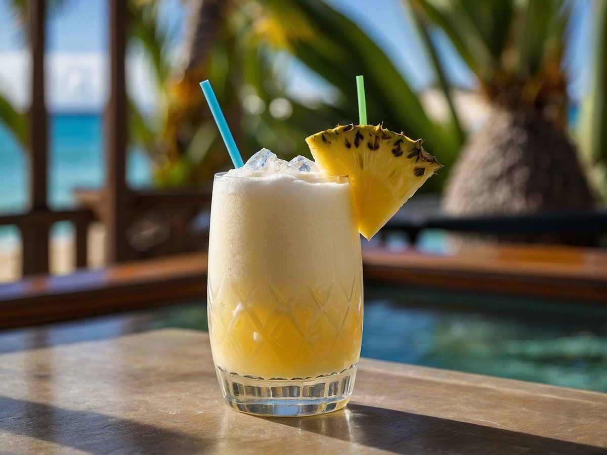 Ein erfrischender Pina Colada Cocktail in einem klassischen Glaskelch steht auf einem Tisch aus Holz. Der Drink ist cremig und hellgelb, mit einem großzügigen Schaumoberfläche und zwei bunten Strohhalmen. Eine dekorative Ananasscheibe ist am Glasrand befestigt. Im Hintergrund sind Palmen sichtbar, und das Meer strahlt in verschiedenen Blau- und Grüntönen, sodass eine tropische Urlaubsatmosphäre entsteht.