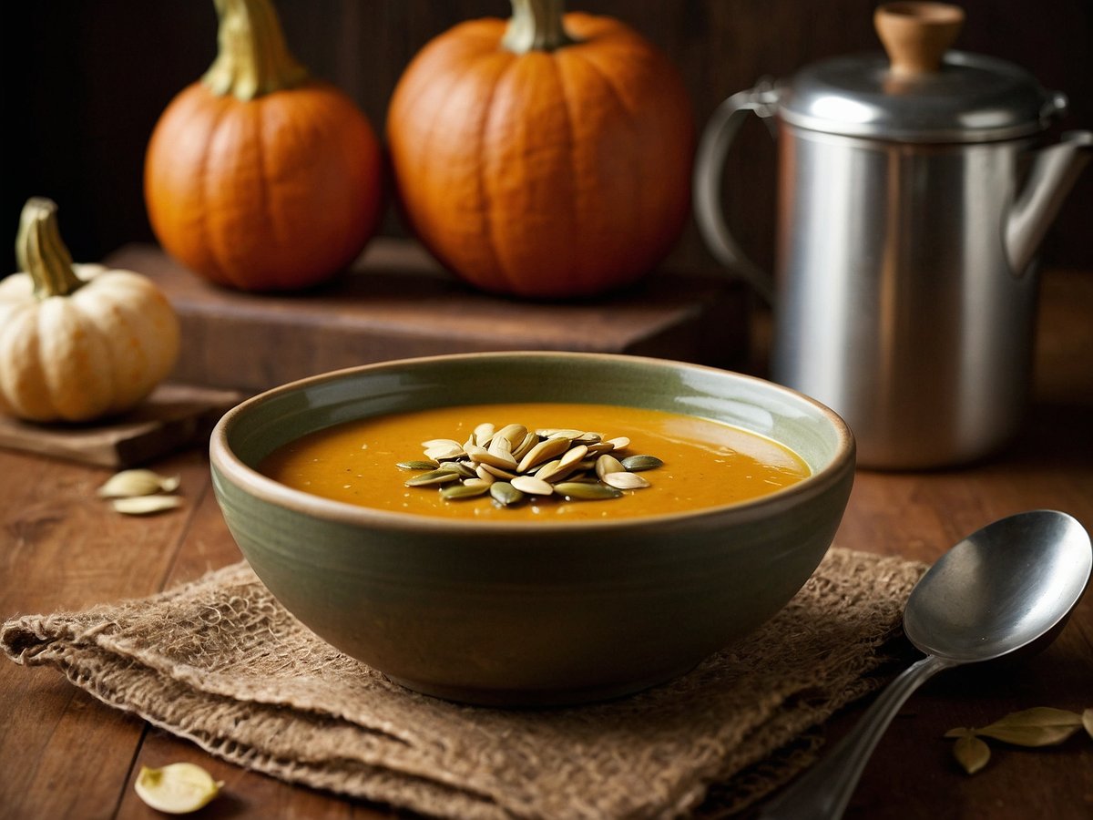 Eine Schüssel mit Kürbiscremesuppe steht auf einem rustikalen Holztisch. Die Suppe hat eine cremige, orangefarbene Konsistenz und ist mit Kürbiskernen garniert. Im Hintergrund sind mehrere Kürbisse in verschiedenen Größen sichtbar, die dem Bild eine herbstliche Atmosphäre verleihen. Neben der Schüssel liegt ein Esslöffel aus Metall, und ein Jutesack dient als Unterlage für die Schüssel.