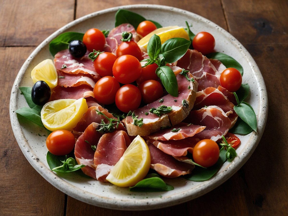 Eine Antipasti-Platte mit Parmaschinken, die sorgfältig auf einem flachen Teller angerichtet ist. Die Platte besteht aus dünn geschnittenem Parmaschinken, frischen Kirschtomaten in verschiedenen Farben, schwarzen und gelben Oliven, sowie Zitronenscheiben. Grüne Basilikumblätter sind zwischen den Zutaten verstreut, was dem Gesamtbild eine frische Note verleiht. Der Teller steht auf einer rustikalen Holzoberfläche und hebt die appetitliche Anordnung der Zutaten hervor.