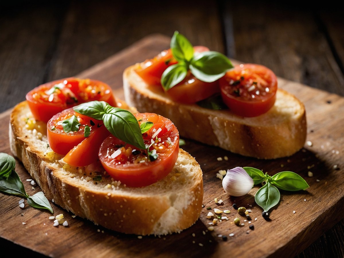 Auf dem Bild sind zwei Scheiben Bruschetta zu sehen, belegt mit frischen, roten Tomatenscheiben und dekoriert mit grünen Basilikumblättern. Die Bruschetta liegt auf einem rustikalen Holzbrett, umgeben von weiteren Basilikumblättern und kleinen Gewürzen. Die Farben der Zutaten wirken appetitlich und frisch.