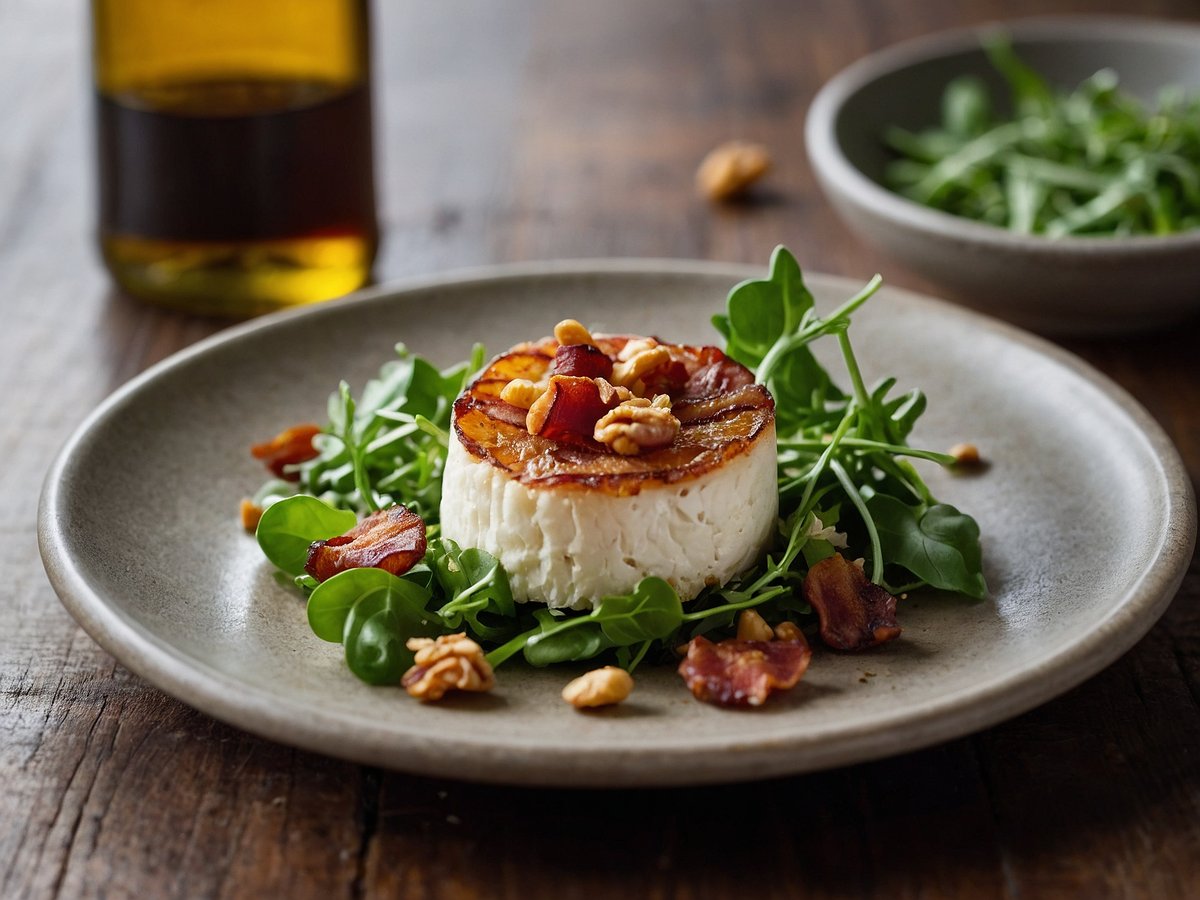 Ziegenkäse im Speckmantel auf einem Bett aus frischem Rucola, garniert mit gehackten Walnüssen und knusprigen Speckstücken. Im Hintergrund ist eine Flasche mit Olivenöl zu sehen, während sich daneben eine kleine Schüssel mit weiteren Blättern Rucola befindet. Der Teller steht auf einer rustikalen Holzoberfläche, die für eine einladende Atmosphäre sorgt.