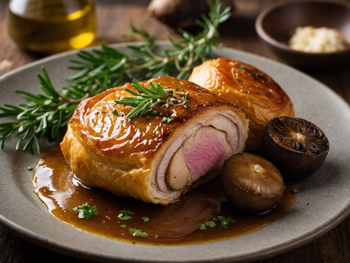 Ein zartes Stück Schweinefilet im Blätterteig ist auf einem grauen Teller angerichtet. Der Blätterteig glänzt appetitlich und ist mit frischen Kräutern, insbesondere Rosmarin, garniert. Neben dem Filet befinden sich gegrillte Champignons und eine feine Sauce, die das Gericht umgibt. Im Hintergrund sind weitere Kräuter und ein kleines Schälchen mit gehacktem Knoblauch zu sehen, die die Präsentation abrunden.