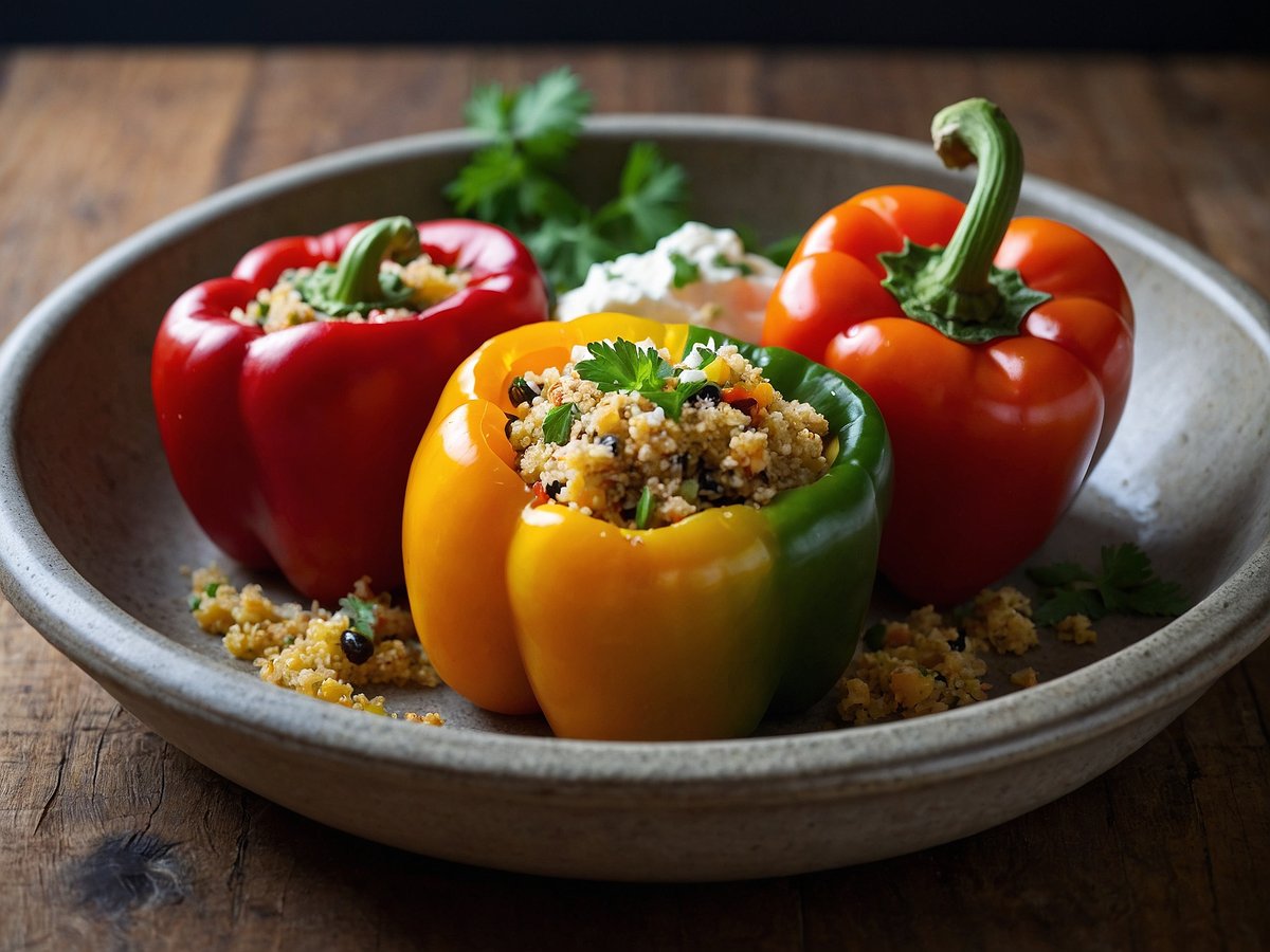 Auf dem Bild sind gefüllte Paprika in verschiedenen Farben zu sehen, darunter rot, gelb, orange und grün. Die Paprika sind auf einem runden, hellen Teller platziert und mit einer Quinoafüllung dekoriert, die mit Kräutern garniert ist. Daneben ist ein Klecks einer weißen Sauce oder Creme zu erkennen. Der Hintergrund zeigt eine Holzoberfläche, die dem Bild eine rustikale Atmosphäre verleiht.