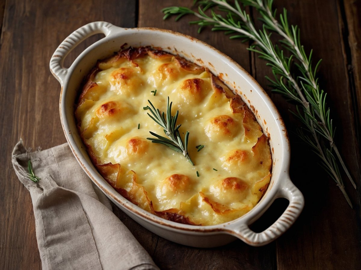 Kartoffelgratin mit Rosmarin in einer ovalen Auflaufform, garniert mit frischen Rosmarinzweigen. Das Gratin hat eine goldbraune, knusprige Oberfläche und ist cremig und weich im Inneren. Daneben liegt ein graues Geschirrtuch. Der Hintergrund besteht aus Holz, was eine rustikale Atmosphäre schafft.