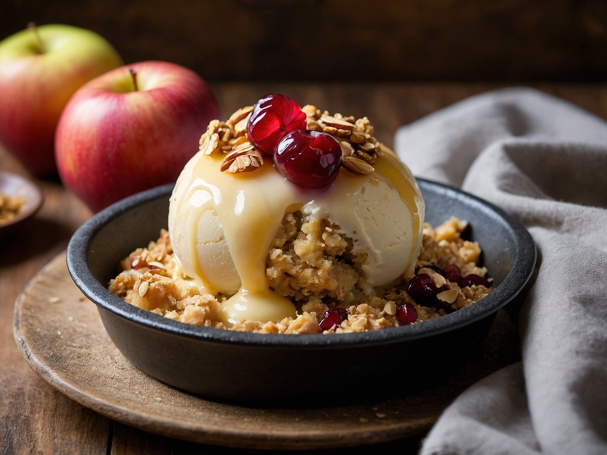 Ein Teller mit Apfel-Crumble ist abgebildet, auf dem sich eine Kugel Vanilleeis befindet. Das Eis ist mit einer goldenen Karamellsoße überzogen und mit gerösteten Haferflocken sowie roten Kirschen dekoriert. Im Hintergrund sind einige frische Äpfel sichtbar, und der Teller steht auf einer rustikalen Unterlage. Ein graues Tuch liegt daneben.