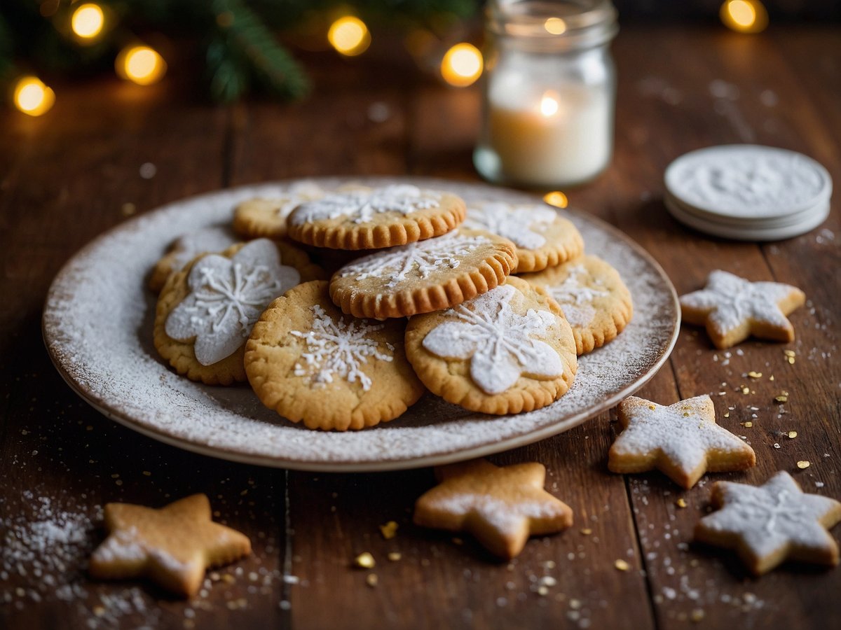 Auf dem Bild sind mehrere Butterplätzchen auf einem Teller angerichtet. Die Plätzchen sind rund und einige sind mit Zuckerguss in Form von Schneeflocken verziert. Um den Teller herum liegen zusätzlich einige sternförmige Butterplätzchen, die ebenfalls mit Puderzucker bestäubt sind. Im Hintergrund befinden sich eine brennende Kerze und einige dekorative Lichter, die eine festliche Stimmung erzeugen. Der Tisch hat eine rustikale Holzoptik.