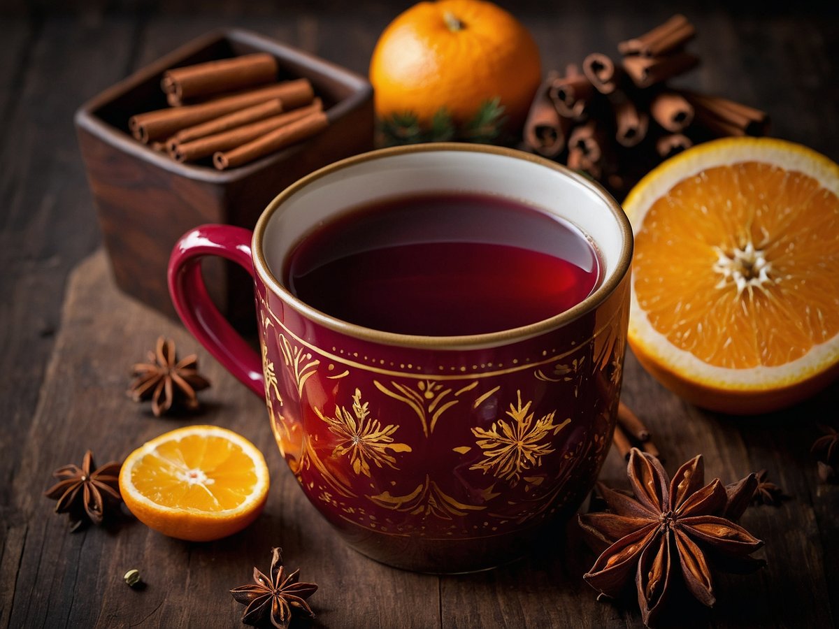 Eine rote Tasse mit heißem Glühwein steht auf einem holzfarbenen Tisch. Neben der Tasse liegen mehrere Zimtstangen, einige Sternanis und eine halbierte Orange. Im Hintergrund ist eine kleine Schale aus Holz zu sehen, die mit weiteren Zimtstangen gefüllt ist. Eine ganze Orange befindet sich ebenfalls auf dem Tisch, was eine gemütliche und festliche Atmosphäre schafft.