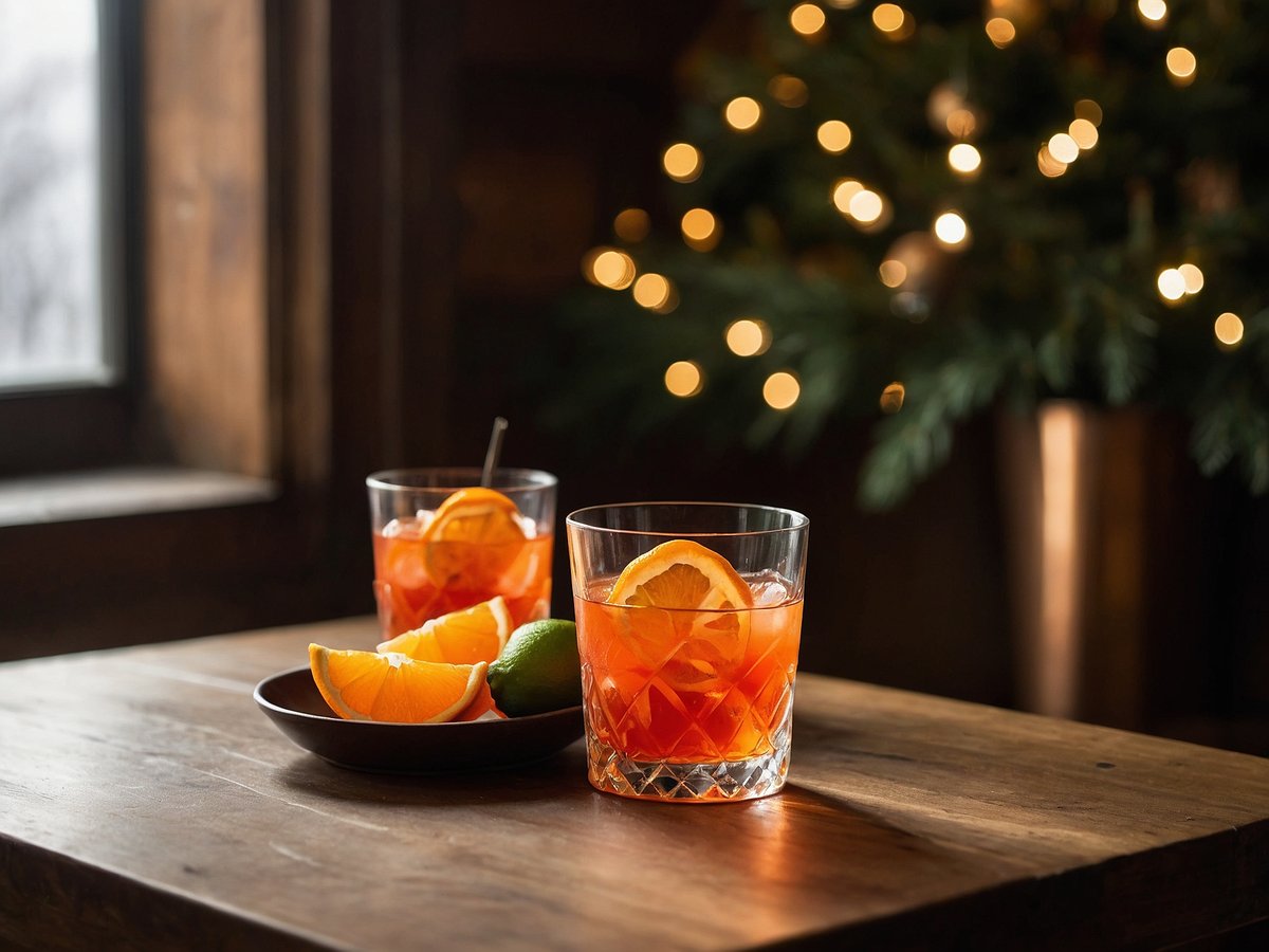 Zwei Gläser mit Hot Aperol auf einem Holztisch, das eine mit einer Scheibe Orange dekoriert. Daneben ein schwarzer Teller mit Orangenscheiben und einer grünen Limette. Im Hintergrund ein unscharfer Weihnachtsbaum mit weihnachtlichen Lichtern. Die Atmosphäre ist gemütlich und einladend.