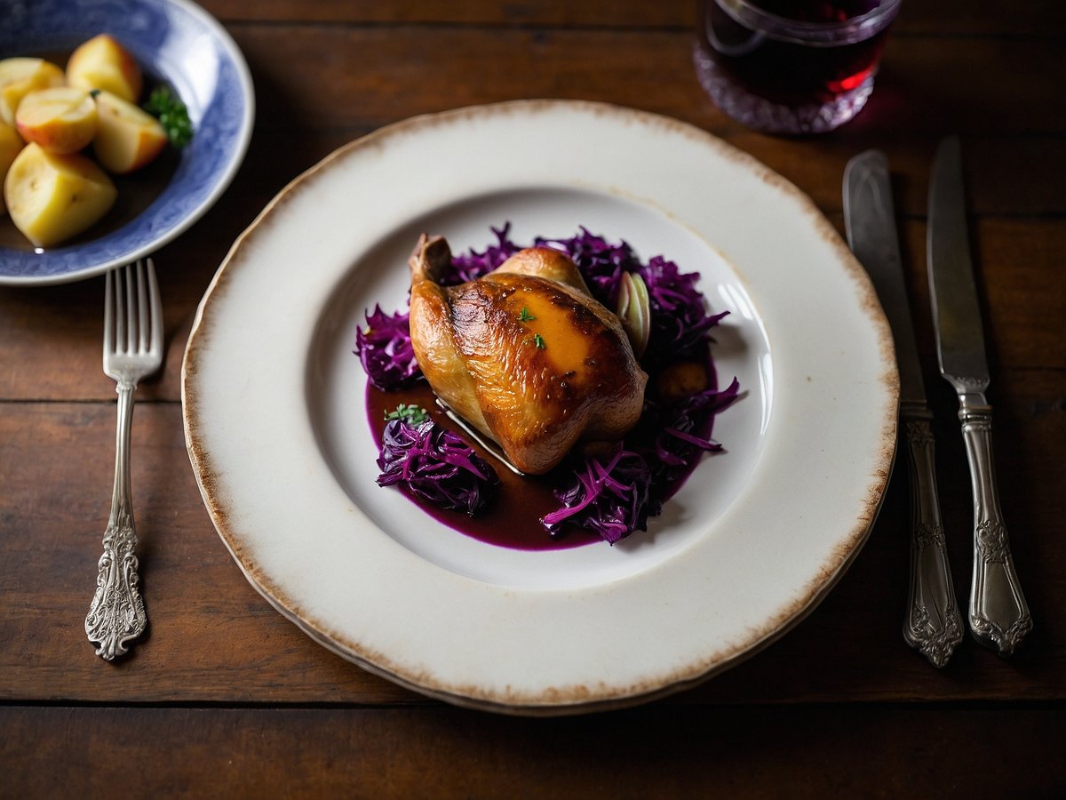 Gezeigt wird ein Teller mit Entenbrust, die auf einem Bett aus Apfelrotkohl liegt. Die Ente ist goldbraun und glänzend, umgeben von einer dunklen Sauce. Neben der Ente sind einige kleine Knödel zu sehen. Im Hintergrund befindet sich ein weiterer Teller mit halben Äpfeln und ein Glas mit rotem Getränk. Der Tisch ist aus Holz, wodurch eine angenehme, warme Atmosphäre entsteht.