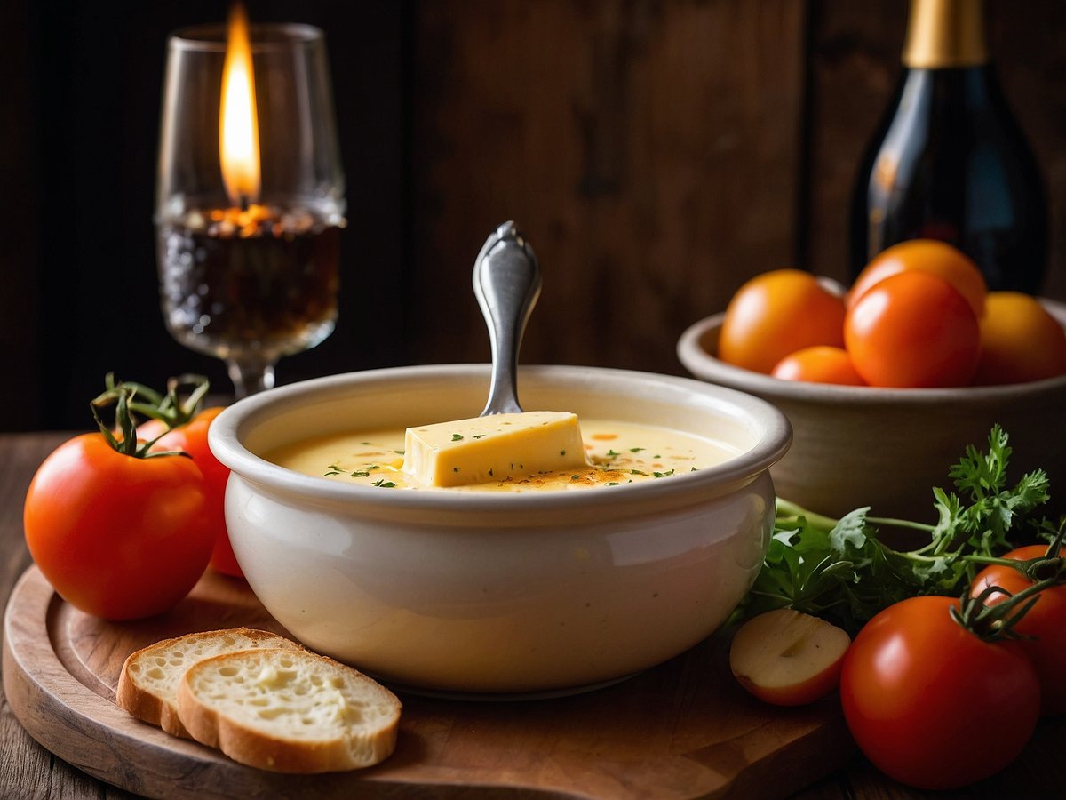 Ein rustikaler Holztisch mit einem gefüllten Topf Käsefondue in einer hellen Schüssel. Auf dem Fondue schwimmt ein Stück butterartige Mischung, verziert mit Kräutern. Neben dem Fondue liegen frische, rote Tomaten und einige Scheiben Brot. Im Hintergrund steht ein Glas mit einer flackernden Kerze und eine Flasche Wein. Die gesamte Szene strahlt eine gemütliche, einladende Atmosphäre aus.