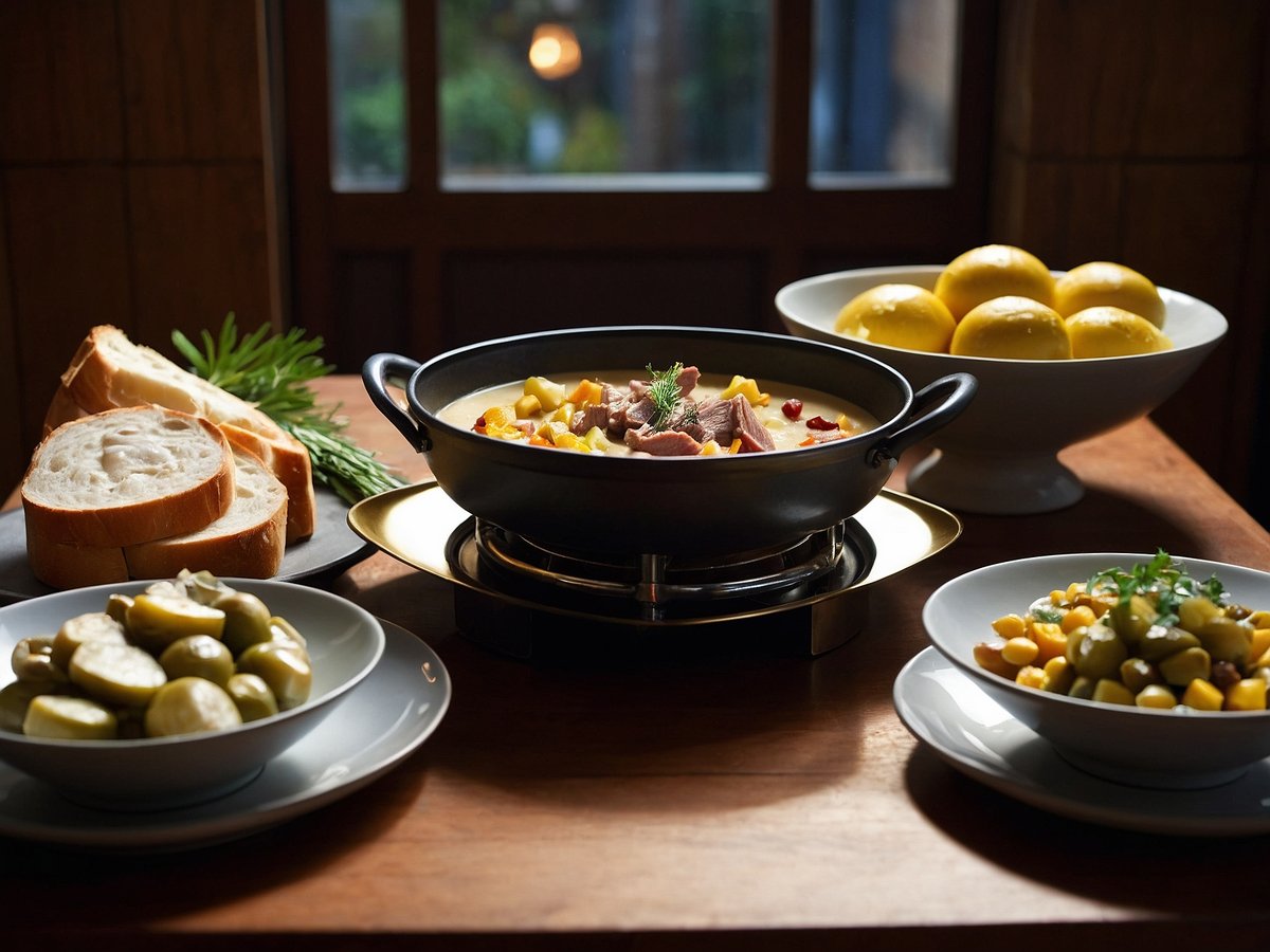 Auf dem Bild ist ein rustikal gedeckter Tisch zu sehen, der ein Fleischfondue mit einer schwarzen, runden Fonduepfanne zeigt, in der sich zartes Fleisch und Gemüse befinden. Daneben liegen Scheiben von frischem Brot und eine grünes Gewürz, vermutlich Rosmarin. Es gibt mehrere kleine Teller mit verschiedenen Beilagen, darunter eingelegte Gurken und eine Mischung aus Mais und weiteren Gemüsen. Im Hintergrund ist eine Schüssel mit gelben Zitronen zu erkennen, die auf einem Holzuntergrund steht. Das Licht ist warm und schafft eine einladende Atmosphäre.