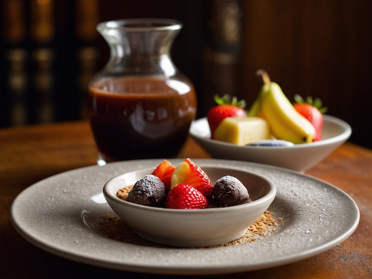 Schokoladenfondue in einer eleganten Präsentation auf einem Holztablett. In der Mitte befindet sich ein niedriger Teller mit frischen Erdbeeren, einem Stück Banane und dunklen Schokoladenkugeln, die mit Puderzucker bestäubt sind. Umgeben ist der Teller von einer feinen Schicht Keksbröseln. Im Hintergrund steht eine Glaskaraffe mit flüssiger Schokolade sowie eine kleine Schüssel mit weiteren frischen Früchten, darunter Erdbeeren und Bananen.