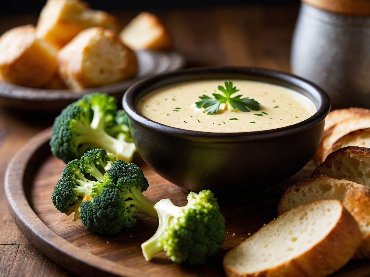 In einer dunklen Schüssel befindet sich veganes Käsefondue, garniert mit frischen Kräutern. Um die Schüssel herum liegen einige Stücke frischer Brokkoli und zwei Arten von gebackenem Brot. Im Hintergrund sind weitere Brotschnecken zu sehen, die auf einem Holzbrett angeordnet sind. Die Gesamtkomposition wirkt einladend und appetitlich.