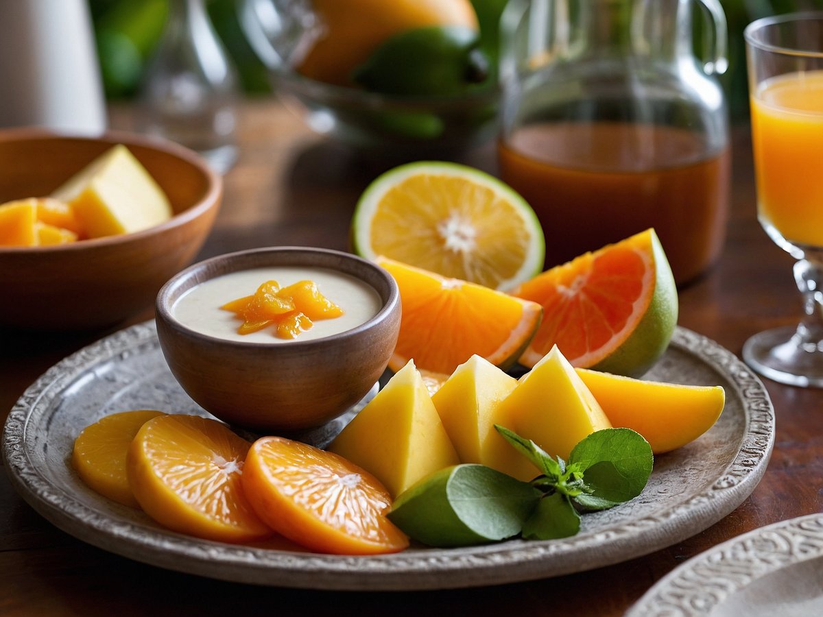 Auf einem schönen Tablett sind verschiedene frische Früchte und ein Blick auf ein Fruchtfondue zu sehen. Die Früchte umfassen Orangenscheiben, Ananasstücke und eine halbierte Limette. In der Mitte befindet sich ein Schälchen mit einer cremigen Sauce, die mit fruchtigen Stücken dekoriert ist. Im Hintergrund steht ein Glas mit frischem Saft, und eine Karaffe mit einer weiteren Flüssigkeit ist ebenfalls sichtbar. Die Präsentation ist appetitlich und lädt zum Genießen ein.