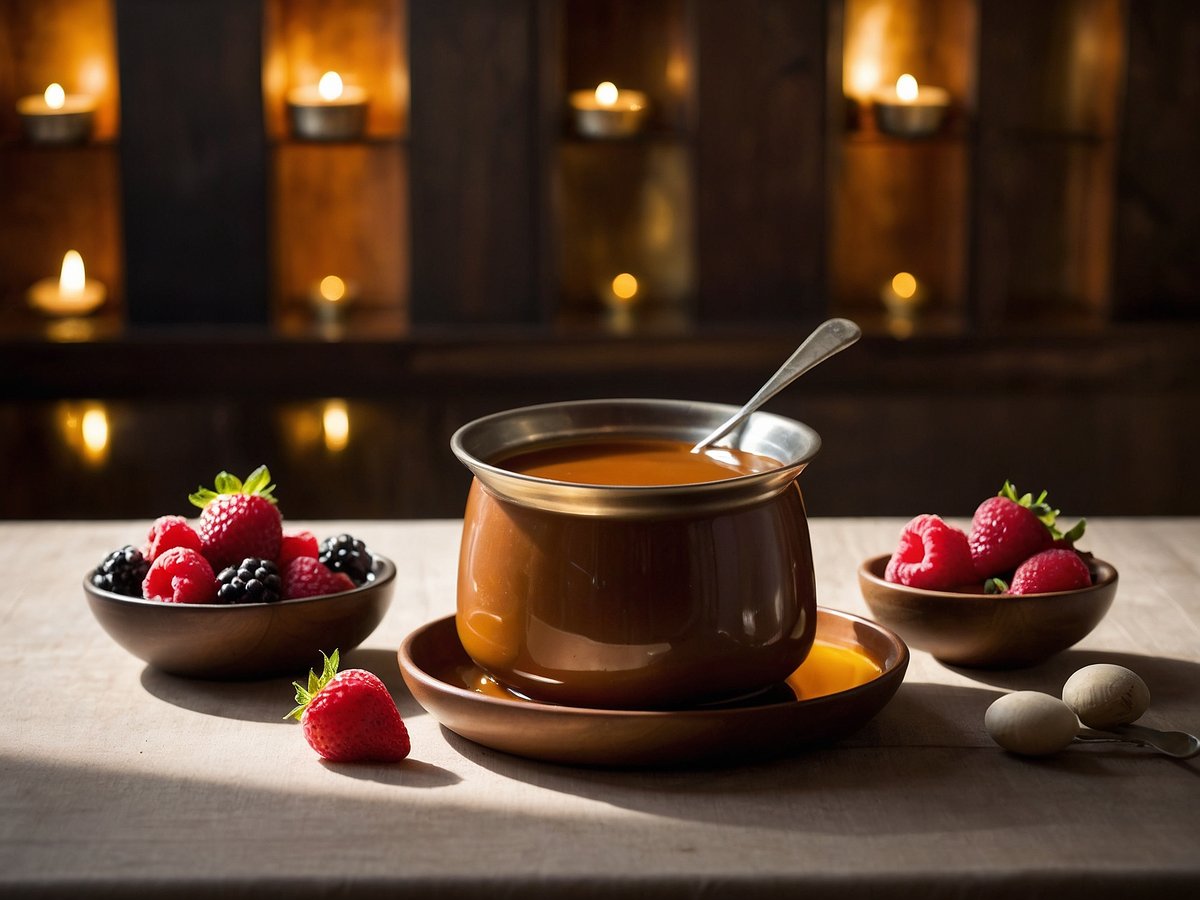 Ein Karamellfondue in einem metallenen Topf steht auf einem Holztablett. Daneben befinden sich bunte Schalen mit frischen Beeren, darunter Himbeeren, Brombeeren und Erdbeeren. Im Hintergrund sind sanft leuchtende Kerzen zu sehen, die eine gemütliche Atmosphäre schaffen. Ein Löffel steckt im Fondue, während eine Erdbeere neben einer der Schalen liegt.