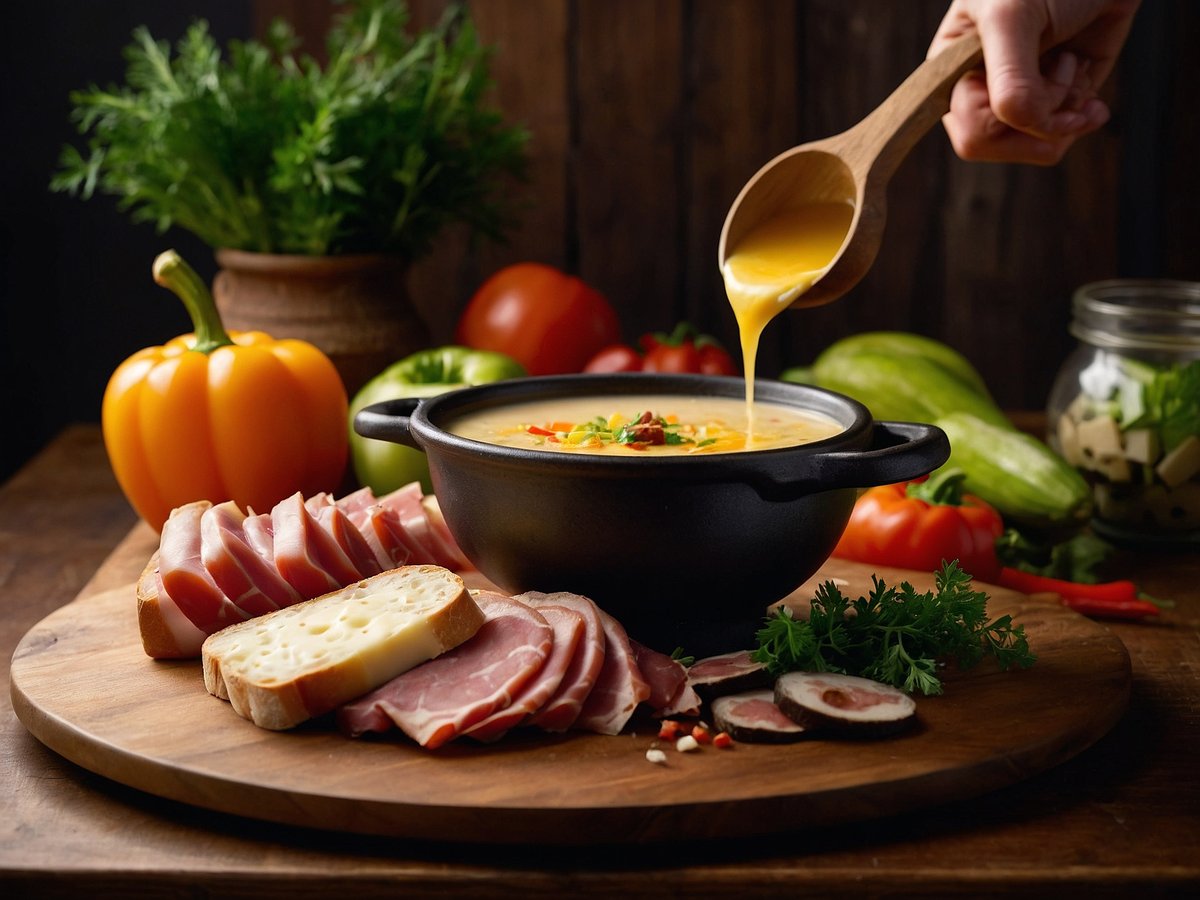 Ein rustikales Suppenfondue in einem schwarzen Topf steht auf einem Holzbrett. Eine Hand mit einem Holzlöffel schöpft die cremige Suppe, die mit buntem Gemüse und Kräutern garniert ist. Rund um den Topf sind verschiedene Zutaten angeordnet, darunter Scheiben von Wurst und Käse sowie frisches Gemüse wie Paprika, Tomaten und Zucchini. Im Hintergrund ist eine Schale mit frischer Petersilie zu sehen, die das ansprechende Bild ergänzt.