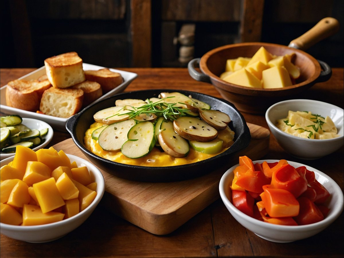 Auf dem Bild ist ein appetitliches Raclette-Gericht zu sehen, das auf einem Holzbrett präsentiert wird. In einer gusseisernen Pfanne liegt geschmolzener Käse mit Scheiben von Zucchini und Äpfeln. Neben der Pfanne sind mehrere Schüsseln mit Beilagen angeordnet: eine Schüssel mit gelben Kürbisstücken, eine mit bunten Paprikawürfeln, eine mit kleinen Brotscheiben und eine mit weiteren Beilagen wie frischen Kräutern und Käsewürfeln. Das rustikale Ambiente wird durch den Holz- und Tischbelag ergänzt.