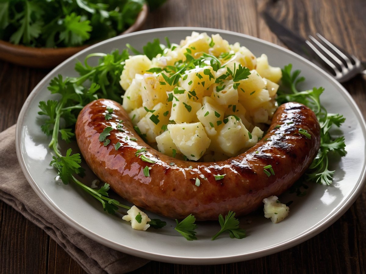 Auf dem Bild sind ein gegrilltes Würstchen und ein großzügiger Anteil Kartoffelsalat zu sehen. Das Würstchen ist bräunlich und glänzend, garniert mit frischen Kräutern. Der Kartoffelsalat besteht aus kleinen, weich gekochten Kartoffelwürfeln und ist ebenfalls mit Kräutern verziert. Das Gericht wird auf einem hellen Teller präsentiert, umgeben von grünen Blättern, während im Hintergrund eine Holzoberfläche zu sehen ist.