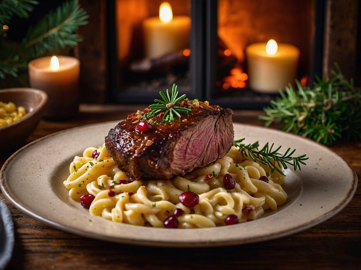 Auf dem Bild ist ein köstlicher Wildschweinbraten zu sehen, der auf einem Bett aus Spätzle serviert wird. Der Braten ist glasiert und mit Preiselbeeren sowie frischen Kräutern verziert. Im Hintergrund sorgt ein Kamin mit flackernden Kerzen für eine gemütliche Atmosphäre, während ein weiterer Teller mit Spätzle neben dem Hauptgericht auf einem rustikalen Holztisch platziert ist.