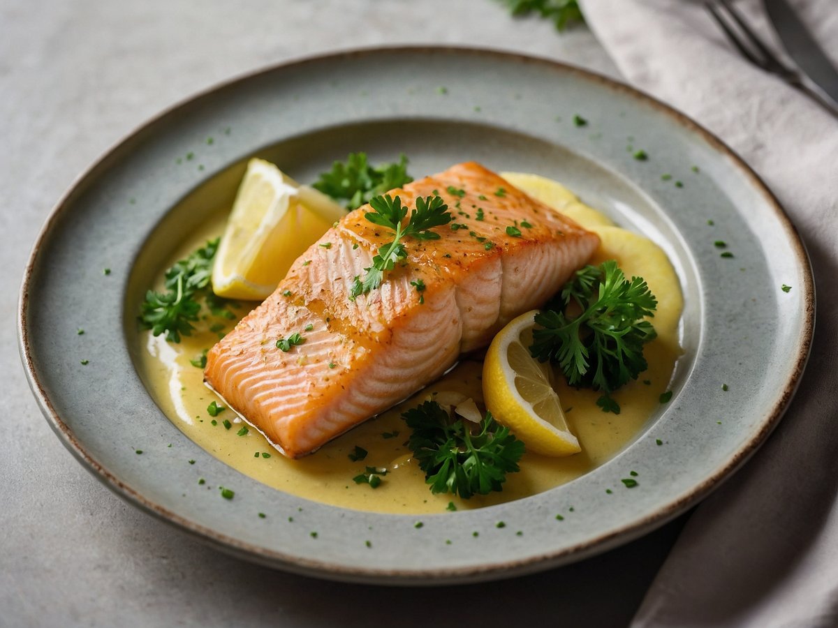 Ein Stück Fischfilet liegt auf einem hellen Teller, umgeben von einer cremigen Zitronenbuttersauce. Der Fisch ist leicht gebräunt und mit frischer Petersilie dekoriert. Neben dem Fisch sind einige Zitronenspalten angerichtet, die zusätzliche Farbe und Frische bieten. Im Hintergrund sind kleine grüne Petersilienblätter verstreut, die das Gericht verfeinern. Der Teller steht auf einer grauen Unterlage, die die Farben des Essens hervorhebt.