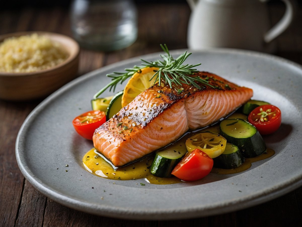 Ein Gericht mit einer saftigen Lachsfiletstück mit Honig-Senf-Kruste, angerichtet auf einem grauen Teller. Um den Lachs herum liegen bunte Ofengemüse-Stücke, darunter Zucchini und Kirschtomaten. Frische Zitronenscheiben und ein Zweig Rosmarin garnieren das Gericht. Im Hintergrund ist eine Schale mit Couscous und ein kleines Gefäß zu sehen.