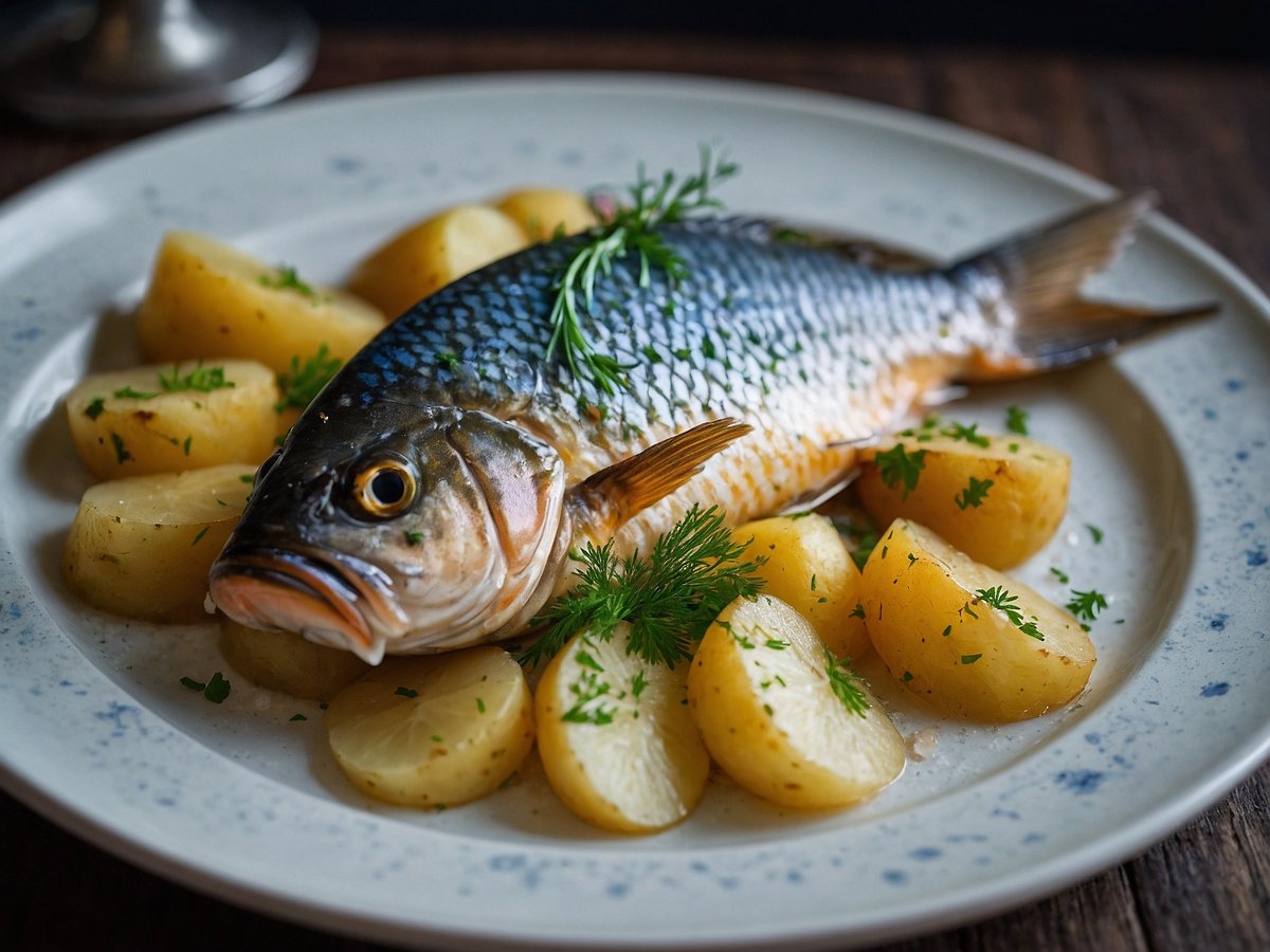 Ein frisch zubereiteter Karpfen liegt auf einem dekorativen Teller, umgeben von zahlreichen Salzkartoffeln. Die Kartoffeln sind goldbraun und angerichtet, während der Fisch appetitlich angerichtet mit glänzenden Schuppen und feinen Kräutern wie Dill dekoriert ist. Der Hintergrund ist dezent, wodurch das Gericht im Vordergrund hervorgehoben wird.