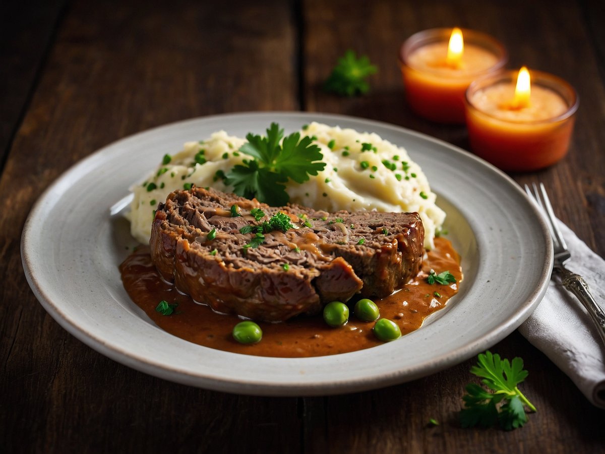 Ein Teller mit Hackbraten in Pilzrahmsoße liegt im Vordergrund. Der Hackbraten ist in Scheiben geschnitten und glänzt verführerisch. Dazu gibt es cremiges Kartoffelpüree, das mit frischen Kräutern garniert ist. Auf dem Teller befinden sich auch grüne Erbsen und einige Kräuterblätter, die zur Dekoration dienen. Im Hintergrund sind zwei brennende Kerzen, die eine gemütliche Atmosphäre schaffen, vor einem rustic Holzuntergrund.