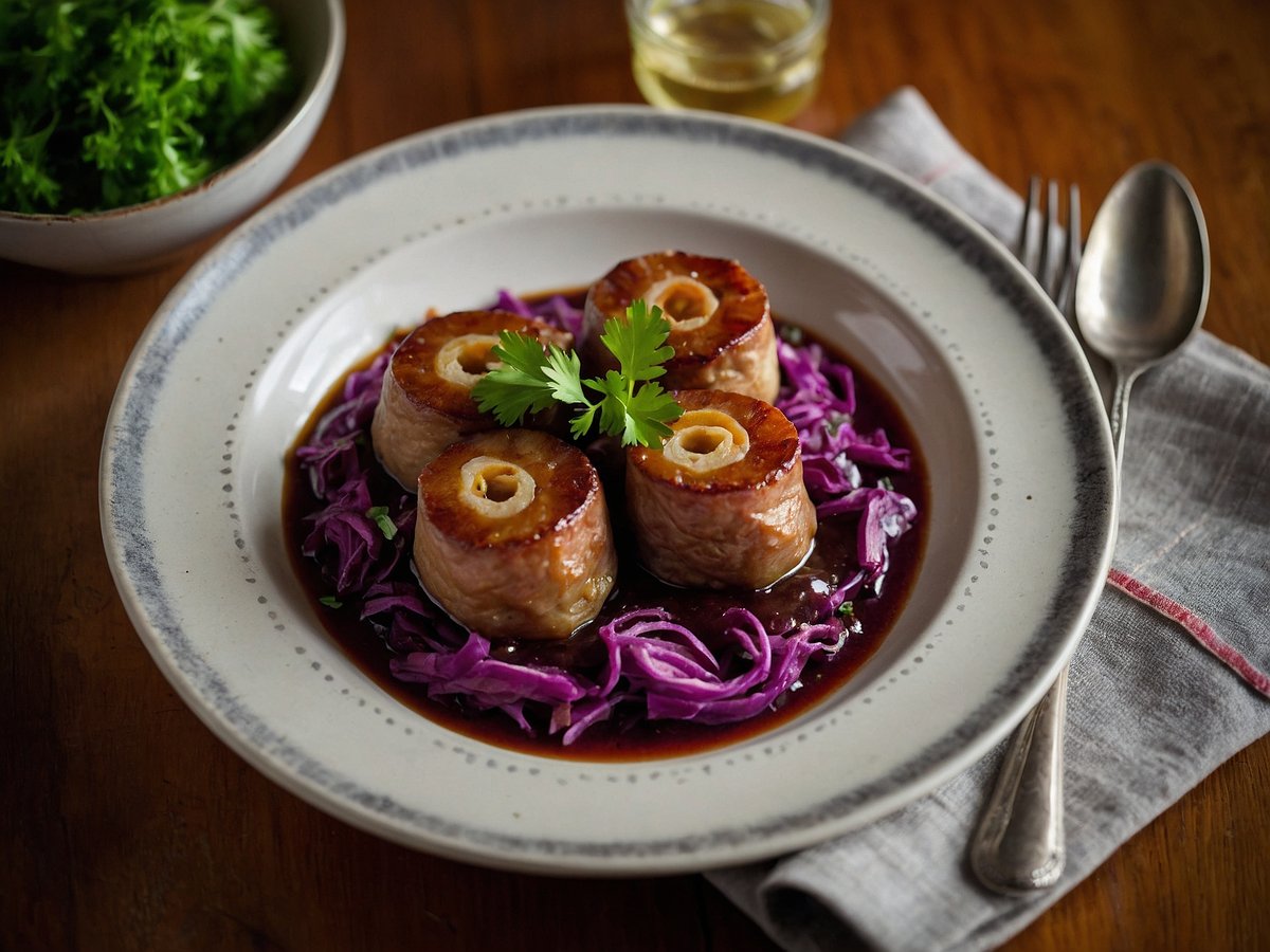 Auf dem Bild sind Rinderrouladen auf einem weißen Teller zu sehen, die auf einem Bett aus lila Rotkohl angerichtet sind. Die Rinderrouladen sind glänzend und saftig, garniert mit frischem Koriander. Um den Teller herum liegen Besteck und ein graues Stoffserviette. Im Hintergrund ist eine kleine Schale mit frischer grüner Petersilie sichtbar.