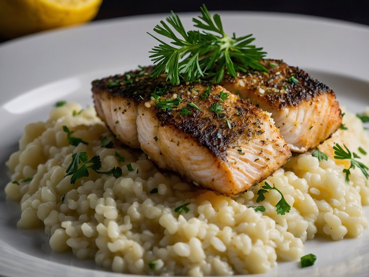 Zanderfilet mit Kräuterkruste liegt auf einem Bett aus cremigem Risotto. Der Fisch ist goldbraun gebraten und mit frischen Kräutern garniert. Rund um das Zanderfilet sind kleine grüne Petersilienblätter dekoriert. Im Hintergrund ist eine halbe Zitrone sichtbar. Der Teller hat einen eleganten Rand und das gesamte Gericht ist ansprechend angerichtet.