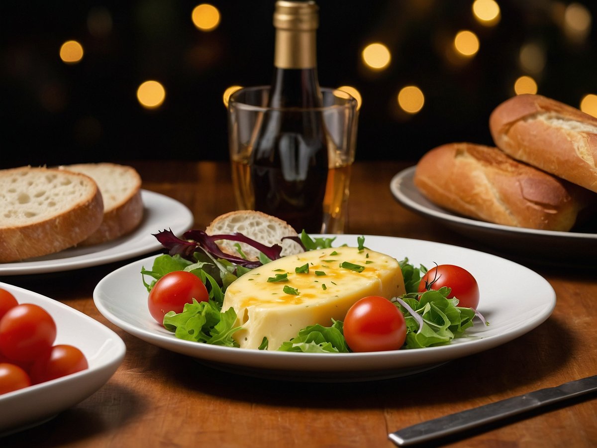 Auf dem Bild ist ein Gericht mit Ofenkäse auf einem Teller zu sehen, umgeben von frischem Salat und Kirschtomaten. Im Hintergrund stehen weitere Teller mit aufgeschnittenem Baguette. Neben dem Teller steht ein Glas mit einem Getränk und im Hintergrund sind unscharfe Lichter zu erkennen, die eine gemütliche Atmosphäre schaffen.