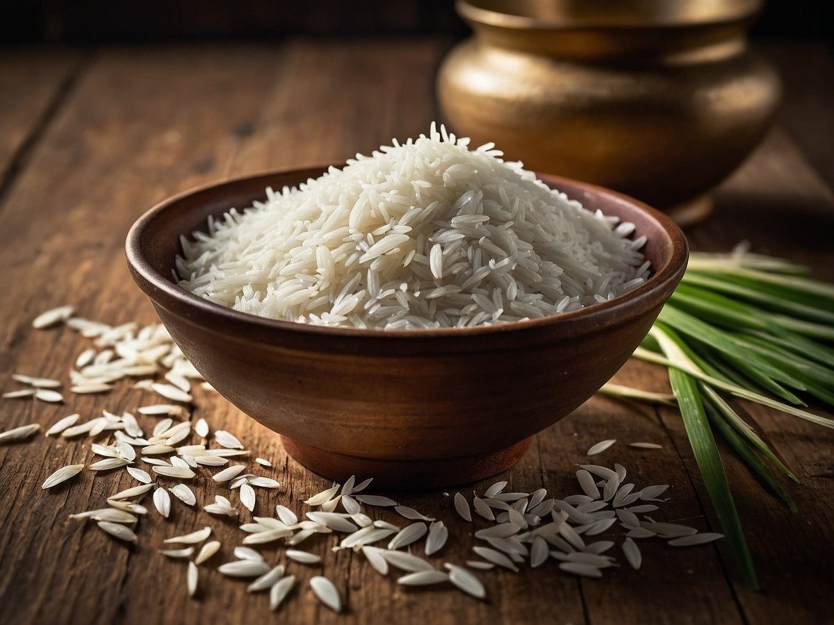 Eine Schale mit Basmati-Reis steht auf einem Holzuntergrund. Der Reis ist dampfend und weiß, umgeben von einigen losen Reiskörnern, die auf der Tischfläche verstreut sind. Im Hintergrund befinden sich leicht verschwommen zwei geflochtene Schalen und frische grüne Kräuter. Schani Basmati-Reis wegen gefährlicher Pestizide - Verzehr vermeiden.