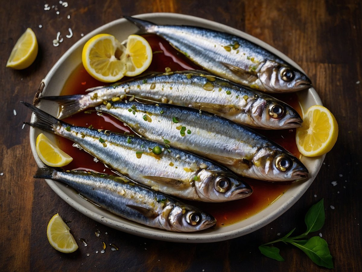 Ein Teller mit mehreren Sardinellenfilets in Sonnenblumenöl liegt auf einer Holzoberfläche. Die Fische sind glänzend und appetitlich angerichtet, umgeben von Scheiben frischer Zitrone. Im Hintergrund sind einige grüne Kräuter und Streusel sichtbar, die das Gericht dekorieren. Der gesamte Anblick vermittelt einen Eindruck von Frische und leckerem Geschmack.