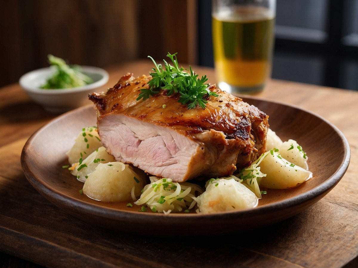 Auf dem Bild ist ein saftiger Schweinekrustenbraten zu sehen, der auf einem rustikalen Teller serviert ist. Der Braten hat eine knusprige, goldbraune Kruste und ist in Stücke geschnitten, wobei das zarte Fleisch innen sichtbar ist. Daneben liegen mehrere Klöße und eine Portion Sauerkraut, garniert mit frischem Schnittlauch. Im Hintergrund ist ein Glas Bier und eine kleine Schüssel mit frischen Kräutern zu sehen.