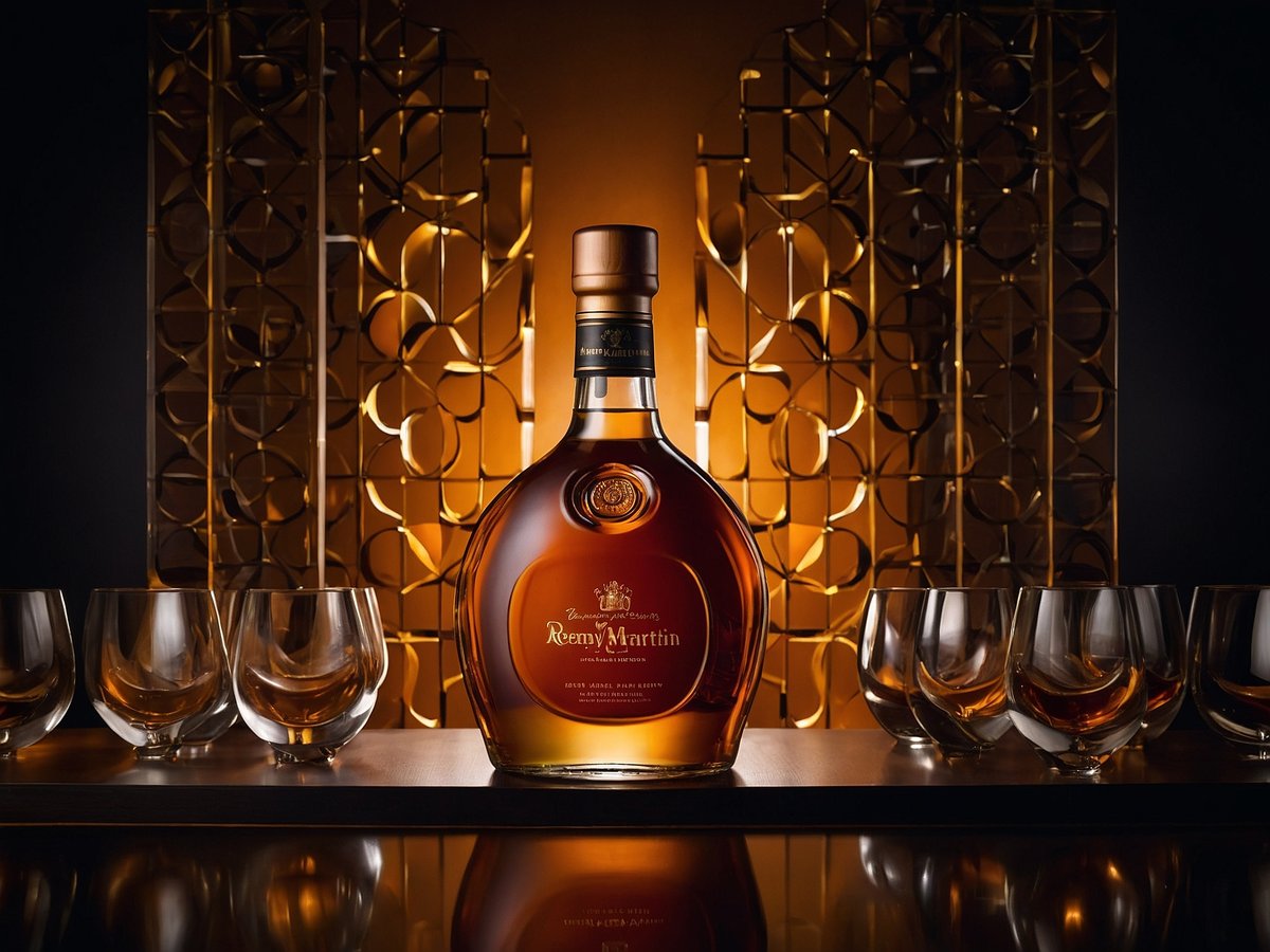 Eine elegante Flasche Rémy Martin Cognac steht im Vordergrund, umgeben von mehreren Gläsern, die ebenfalls mit Cognac gefüllt sind. Im Hintergrund ist ein kunstvolles, goldfarbenes Motiv sichtbar, das eine festliche Atmosphäre schafft. Die gesamte Komposition vermittelt einen luxuriösen und feierlichen Eindruck, passend zum 300-jährigen Jubiläum von Rémy Martin.