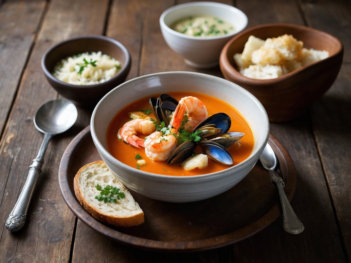 Ein rustikales Holztablett trägt eine Schüssel mit Bouillabaisse, in der Garnelen und Muscheln schwimmen. Die leuchtend orangefarbene Suppe ist mit frischer Petersilie garniert. Neben der Schüssel liegt ein Stück frisches Brot mit etwas Petersilie obendrauf. Im Hintergrund befinden sich zwei weitere Schalen: Eine mit einer cremigen Suppe und eine mit gekochtem Fisch oder Reis. Ein silberner Löffel liegt auf dem Tablett. Der gesamte Anblick vermittelt einladende Gemütlichkeit und französisches Flair.