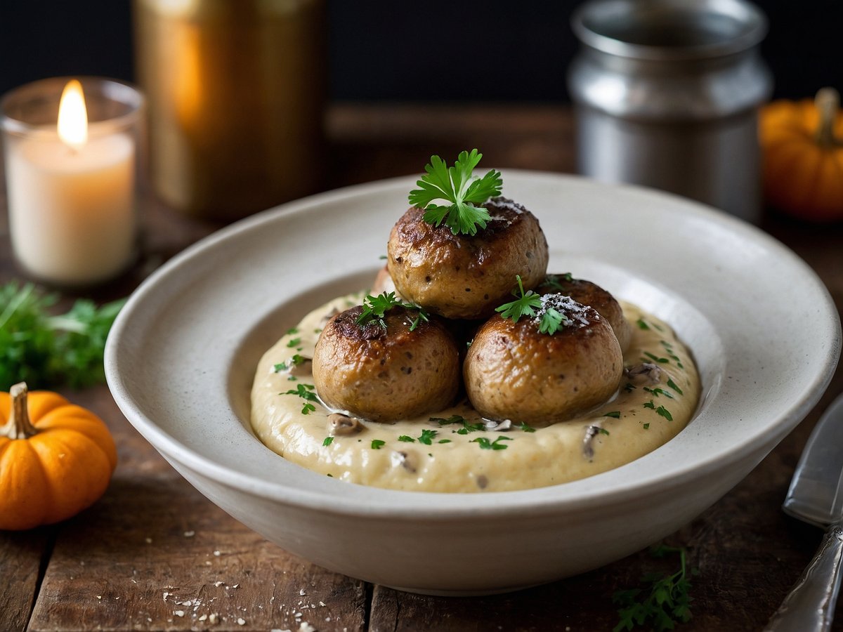 Auf dem Bild ist eine Champignon-Rahmpfanne mit Semmelknödeln zu sehen. In einer tiefen, runden Schüssel liegen mehrere goldbraun angebratene Champignons auf einem cremigen, hellen Rahmsoßenbett. Die Semmelknödel sind rund geformt und aufeinander gestapelt. Das Gericht ist mit frischen Kräutern garniert, während im Hintergrund eine flackernde Kerze und kleine Kürbisse für eine gemütliche Atmosphäre sorgen. Die Tischoberfläche ist aus dunklem Holz und trägt zur rustikalen Stimmung bei.