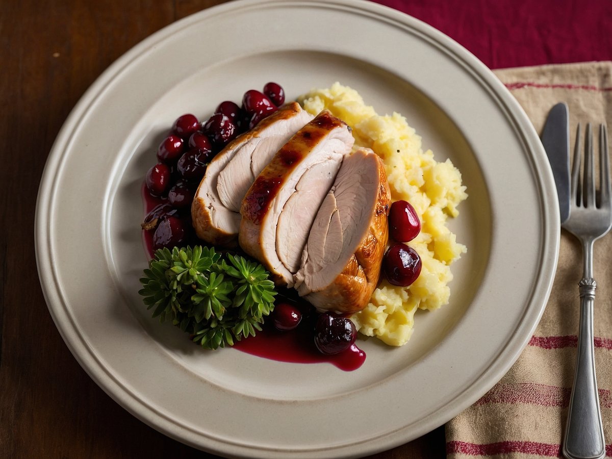 Ein Teller mit einer Portion Truthahn, die in Scheiben geschnitten ist, liegt auf einem Bett aus cremigem Kartoffelpüree. Um den Truthahn sind frische Cranberries und eine leicht rote Cranberry-Soße angeordnet. Neben dem Teller befindet sich ein gestreiftes Stoffserviette und eine Gabel.