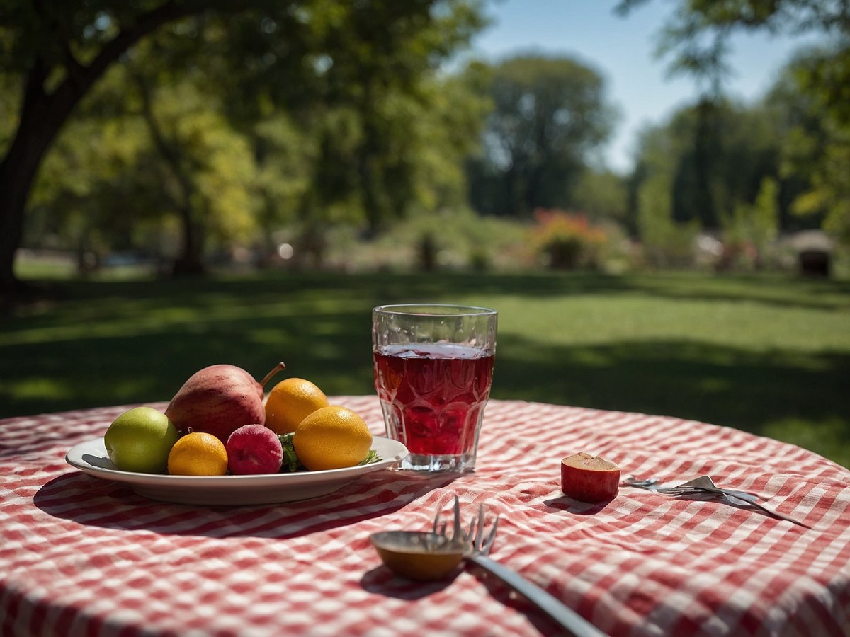 Auf dem Bild ist ein Tisch im Freien mit einer rot-weiß karierten Tischdecke zu sehen, die mehrere Flecken aufweist. Auf dem Tisch befindet sich ein Teller mit verschiedenen Früchten, darunter eine Birne, Äpfel, Zitronen und Limetten. Neben dem Teller steht ein Glas mit rotem Getränk. Zudem sind ein Löffel und eine kleine Schale sichtbar. Im Hintergrund ist eine grüne Wiese mit Bäumen und blühenden Pflanzen zu erkennen. Die Szene vermittelt eine entspannte Atmosphäre im Freien.